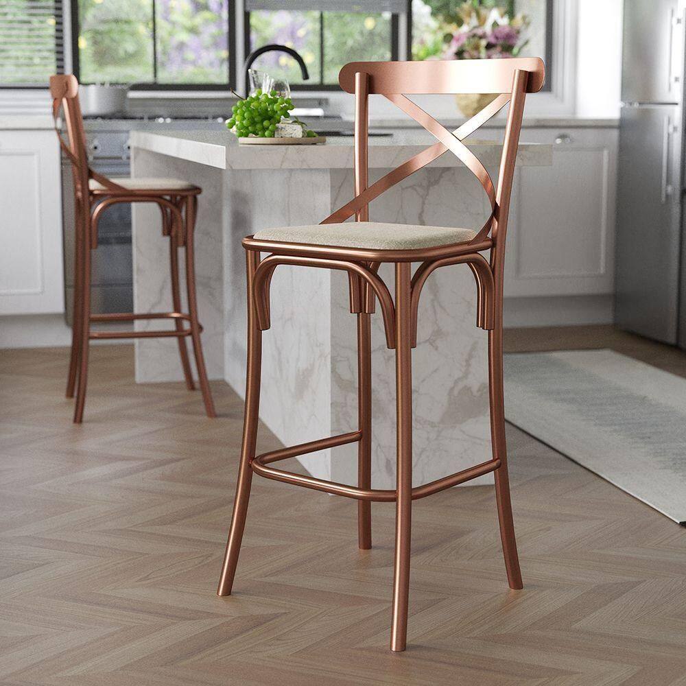 Banqueta Com Encosto Katrina Premium Em Aço Cobre Assento Bege