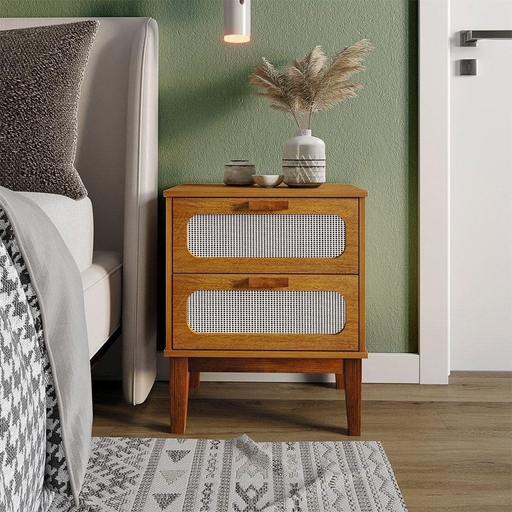 Mesa De Cabeceira 2 Gavetas Santorini Nature 45 Cm Com Tela Indiana - Bege
