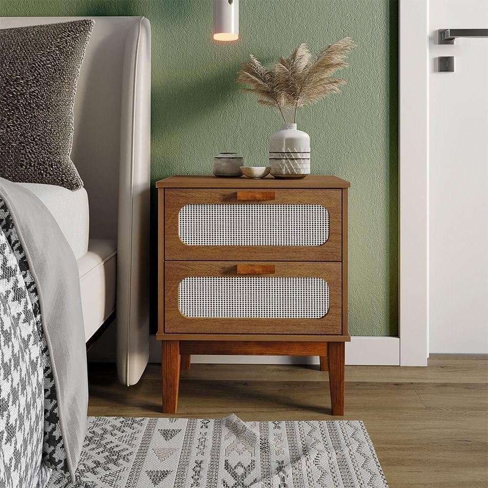 Mesa De Cabeceira 2 Gavetas Santorini Amêndoa 45 Cm Com Tela Indiana - Bege