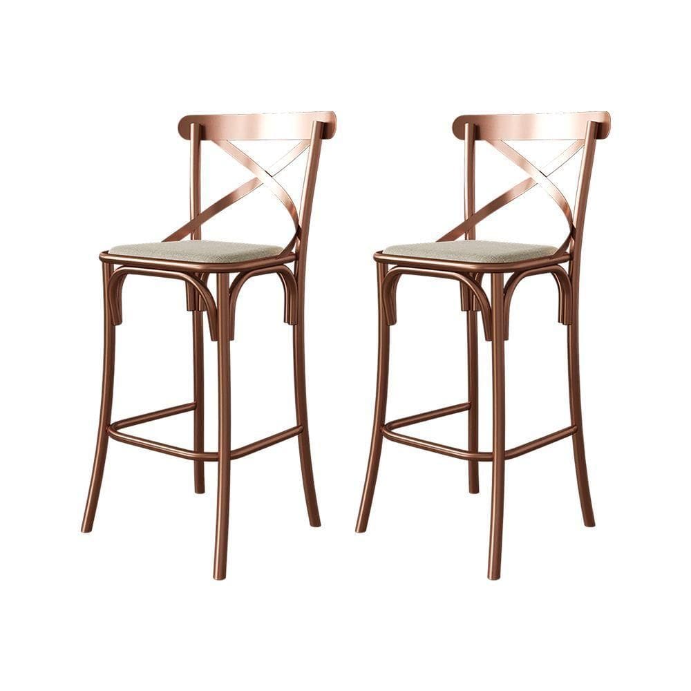 Kit 2 Banquetas Com Encosto Katrina Premium Bar Cozinha Balcão Em Aço Cobre Assento Bege