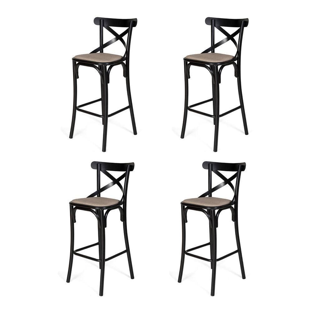 Kit 4 Banquetas Katrina Premium Em Aço Preto Assento Bege