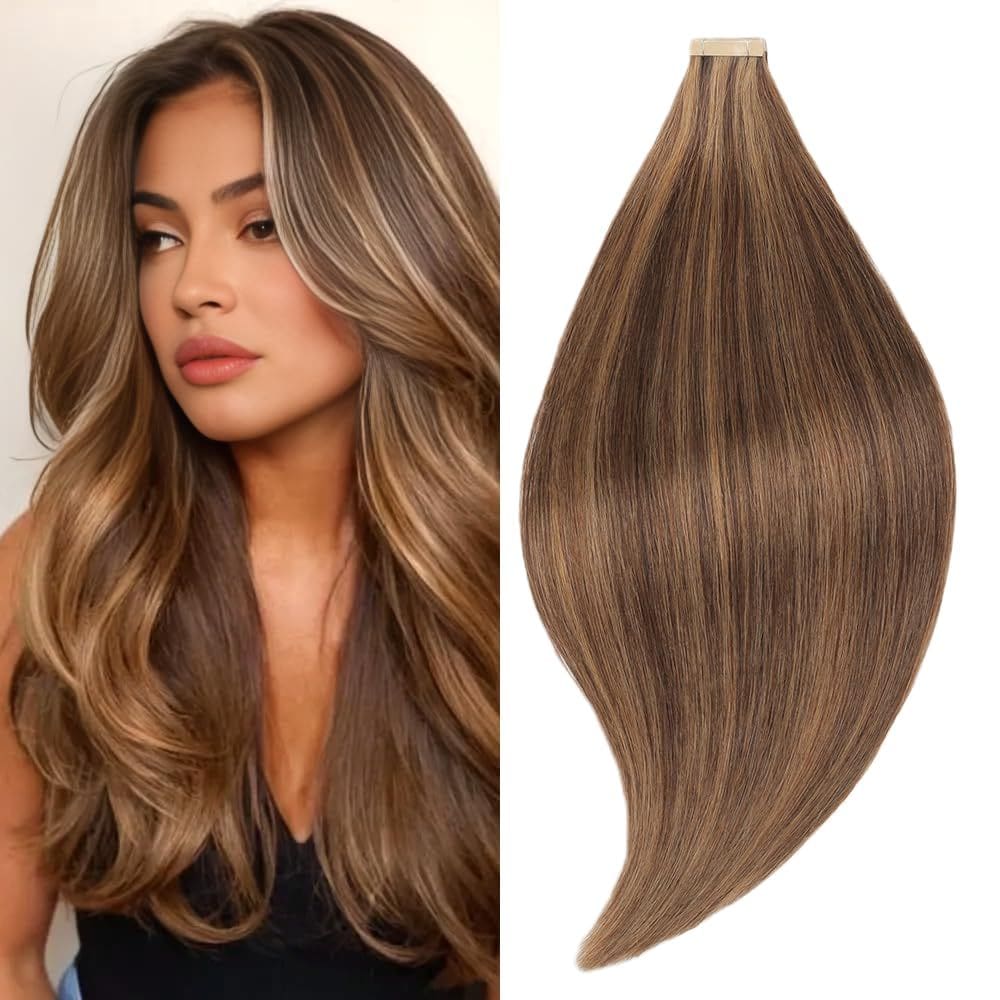 Fita adesiva em extensões de cabelo YNSNR marrom a amarelo acastanhado 18\"