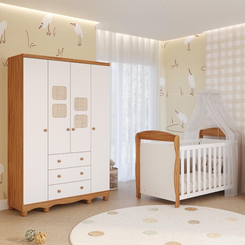 Quarto Bebê Completo Berço Americano Marquesa 3em1 Guarda Roupas 4 Portas 3 Gavetas 100% MDF Telinha