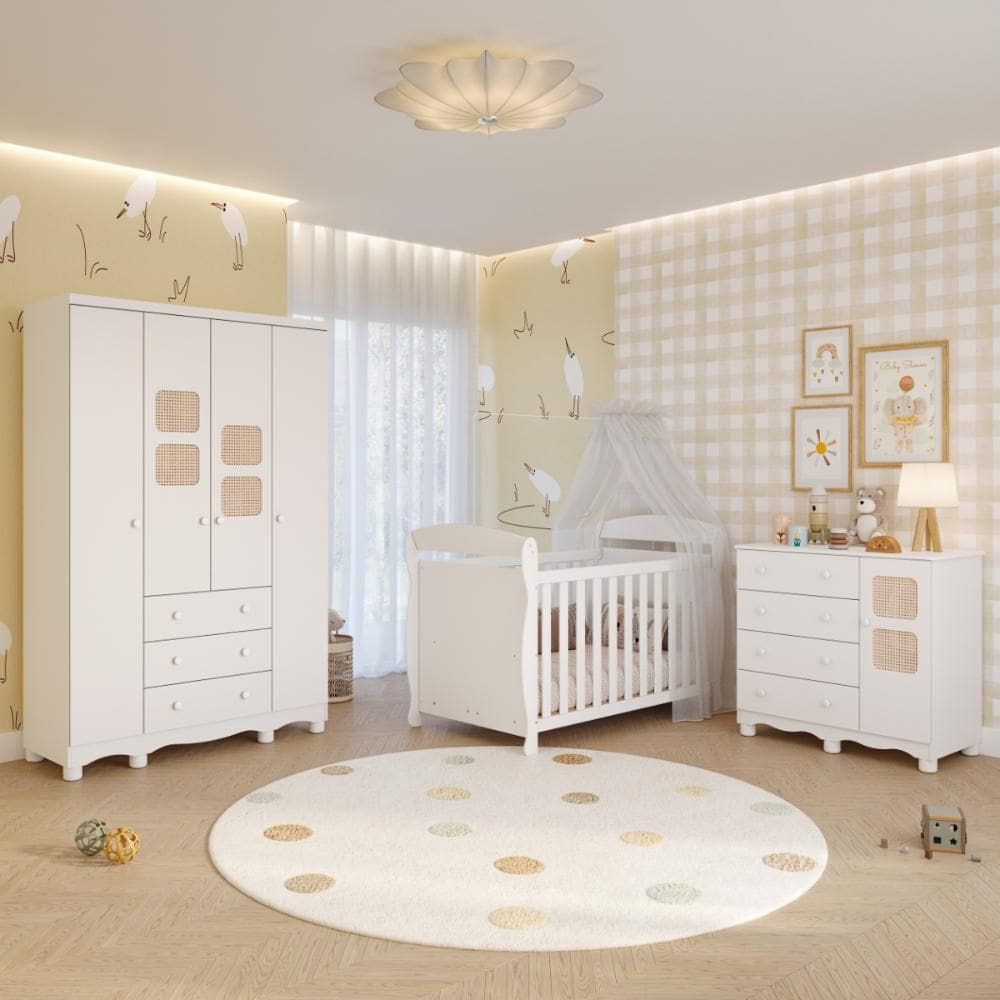 Quarto Bebê Completo Berço Americano Marquesa 3 em 1 Guarda Roupas 4 Portas Cômoda Telinha 100% MDF