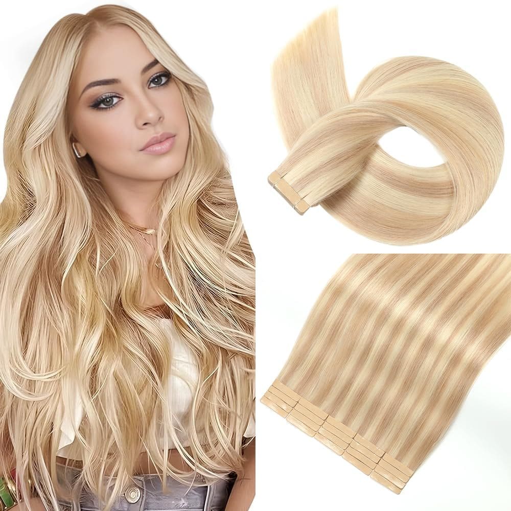 Fita adesiva em extensões de cabelo YNSNR marrom a amarelo acastanhado 18\"