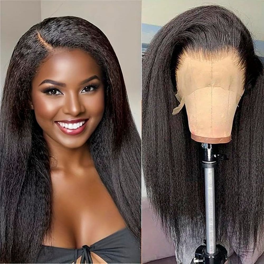 Peruca LANHEUNI Kinky Straight 51 cm Cabelo humano 180% de densidade