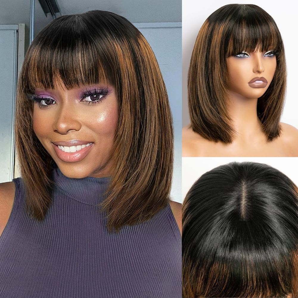 Peruca Starmo Bang Cabelo humano sem cola Straight Bob 30cm marrom