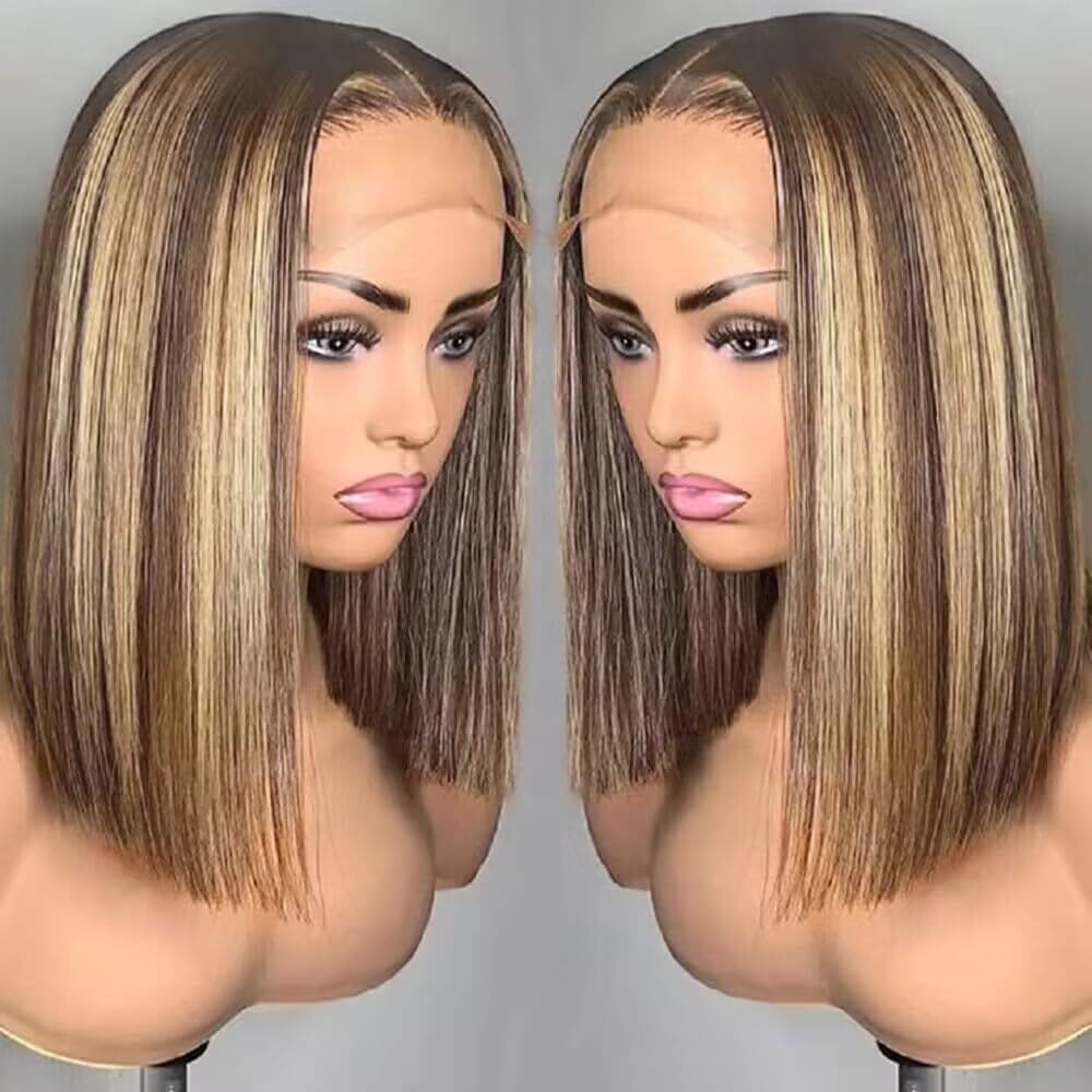 Peruca amzhair Highlight Bob 40 cm Cabelo humano 13x4 de renda frontal