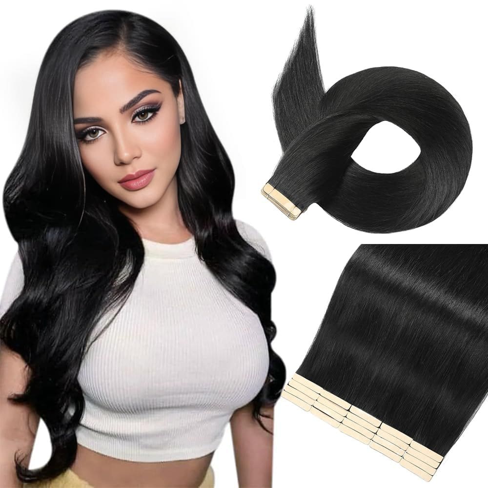 Fita adesiva em extensões de cabelo YNSNR Jet Black 55 cm, 20 unidades para mulheres