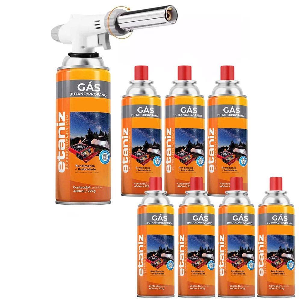 Kit Maçarico Culinário Recarregável Profissional + 8 Refis Gás Butano Etaniz Chefs Confeitaria