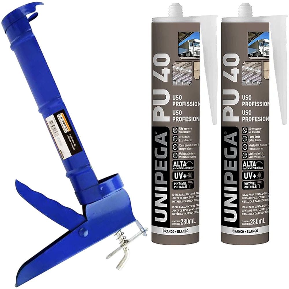 Kit Aplicador de Silicone Fechado + 2 Cola Adesivo Selante PU 40 Branco 400g Unipega Construção e Vedação