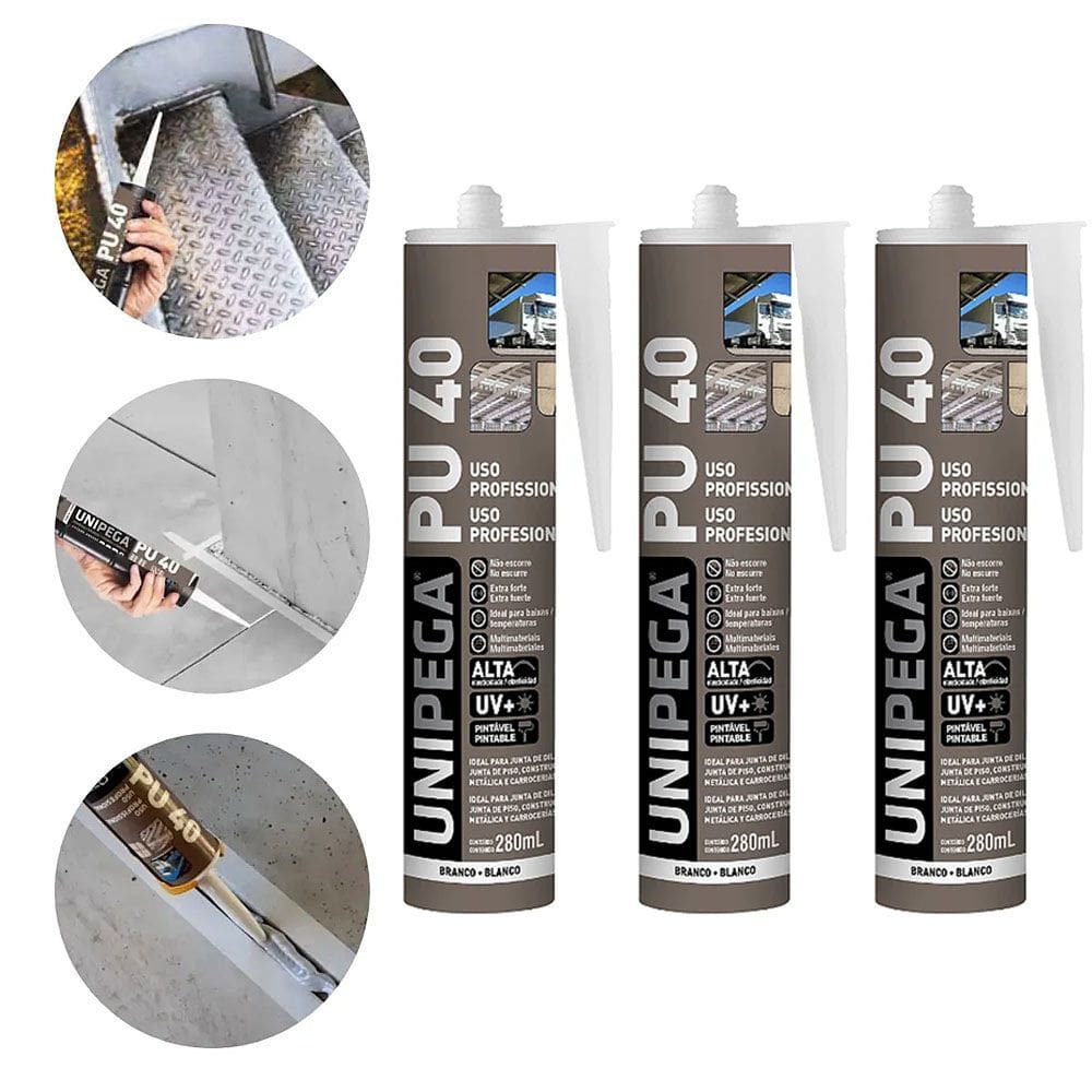 Kit 3 Cola Selante PU40 Poliuretano Branco 400g Profissional Adesivo Vedação Alta Resistência Madeira Vidro Metal