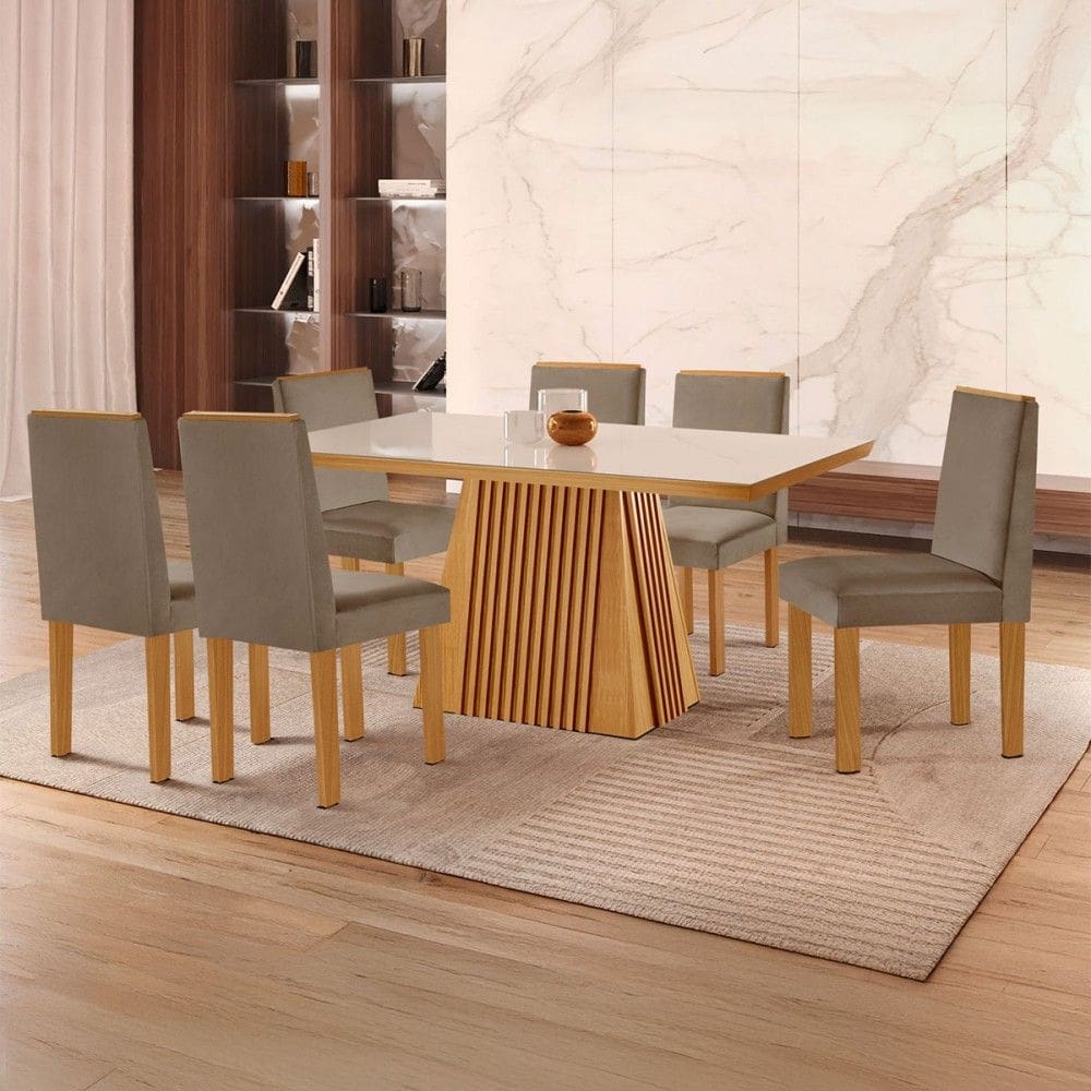 Mesa de Jantar 6 Lugares Austrália com Vidro Castanho/Cinamomo/Suede Capuccino - Lj Móveis
