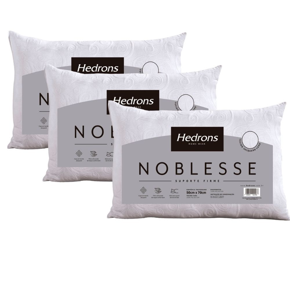 Kit 3 Travesseiros Hedrons Noblesse Jacquard Firme 50x70 cm