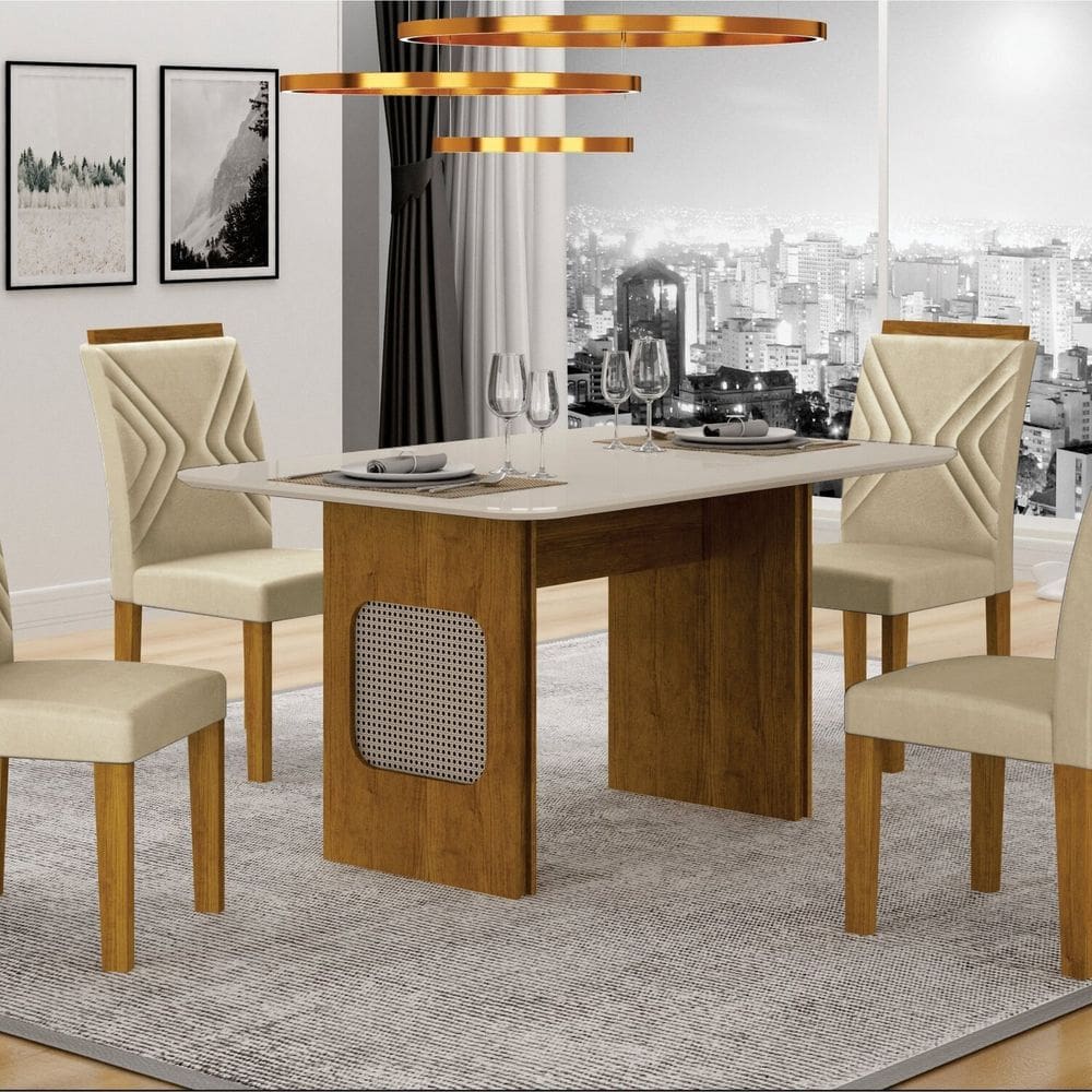 Conjunto Sala de Jantar Mesa Lara 4 Cadeiras Clara Freijó/Palha