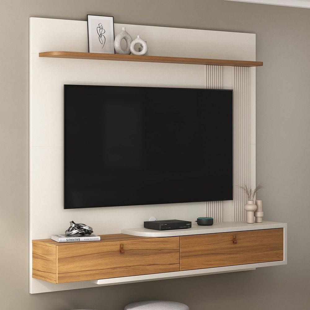 Painel para Tv de 65 Polegadas e com Detalhe Canelado e Cantos Arredondados Off White/Freijó