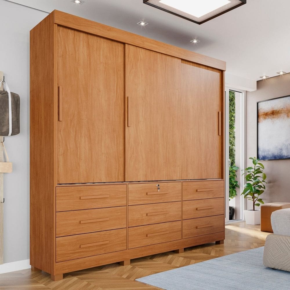 Guarda-roupa 3 Portas 9 Gavetas Florença Espresso Móveis Cinamomo / Off White