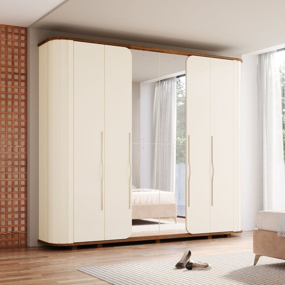 Guarda Roupa Casal 6 Portas com Amortecimento 6 Gavetas, Cantos Arredondados, Ripado Magno Espresso Off White/Marrom