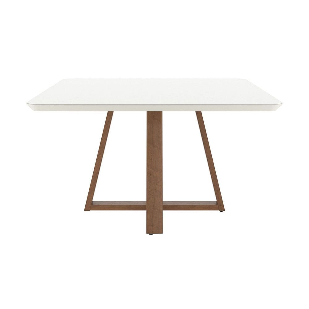 Mesa de Jantar Quadrada 135cm com Base Natural e Tampo de Vidro Bennett Natural/Off White Fosco
