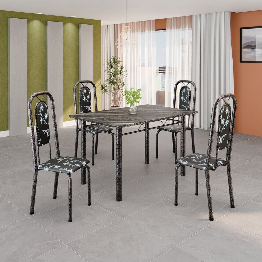 Conjunto de Mesa Tubular 120cm X 75cm Tampo Ardósia Indiano com 4 Cadeiras Lara Preto/Prata