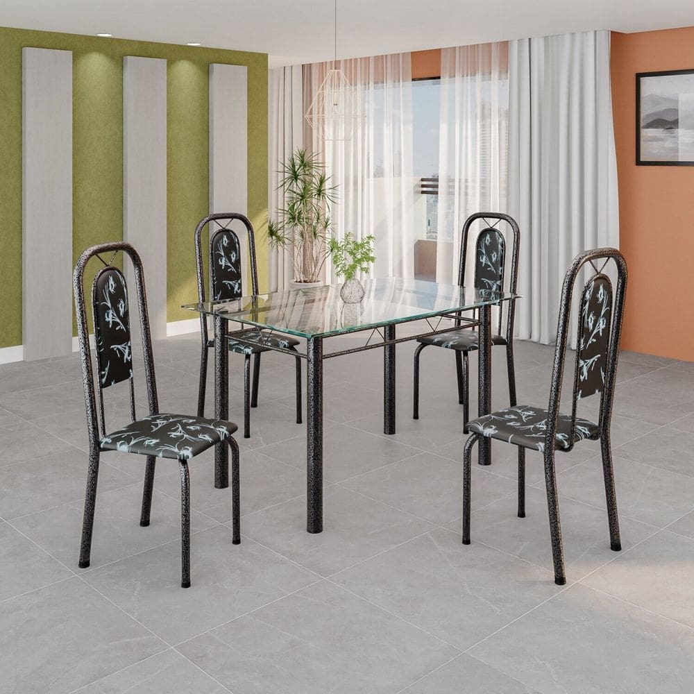 Conjunto de Mesa Tubular 120cm X 75cm Tampo Vidro Incolor com 4 Cadeiras Lara Preto/Prata