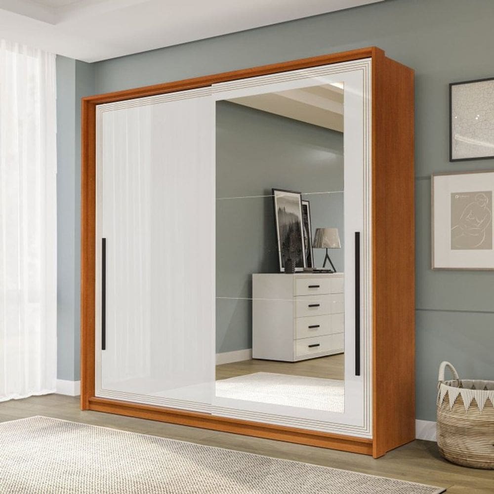 Guarda-roupa 2 Portas de Correr e 2 Gavetas com Espelho Valência Freijó/Branco