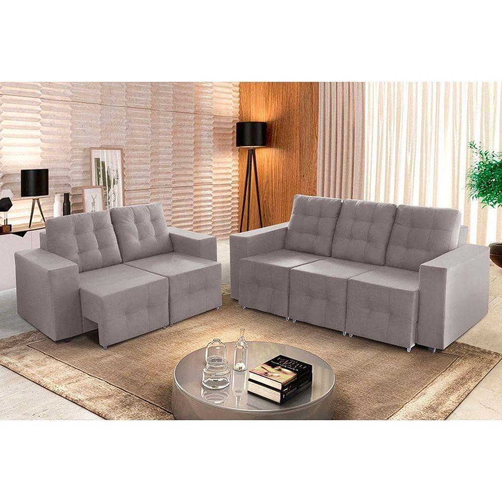 Sofá Veneza 5 Lugares, Conjunto 3e2 - Retrátil - De Casa Décor E Estofados Cinza