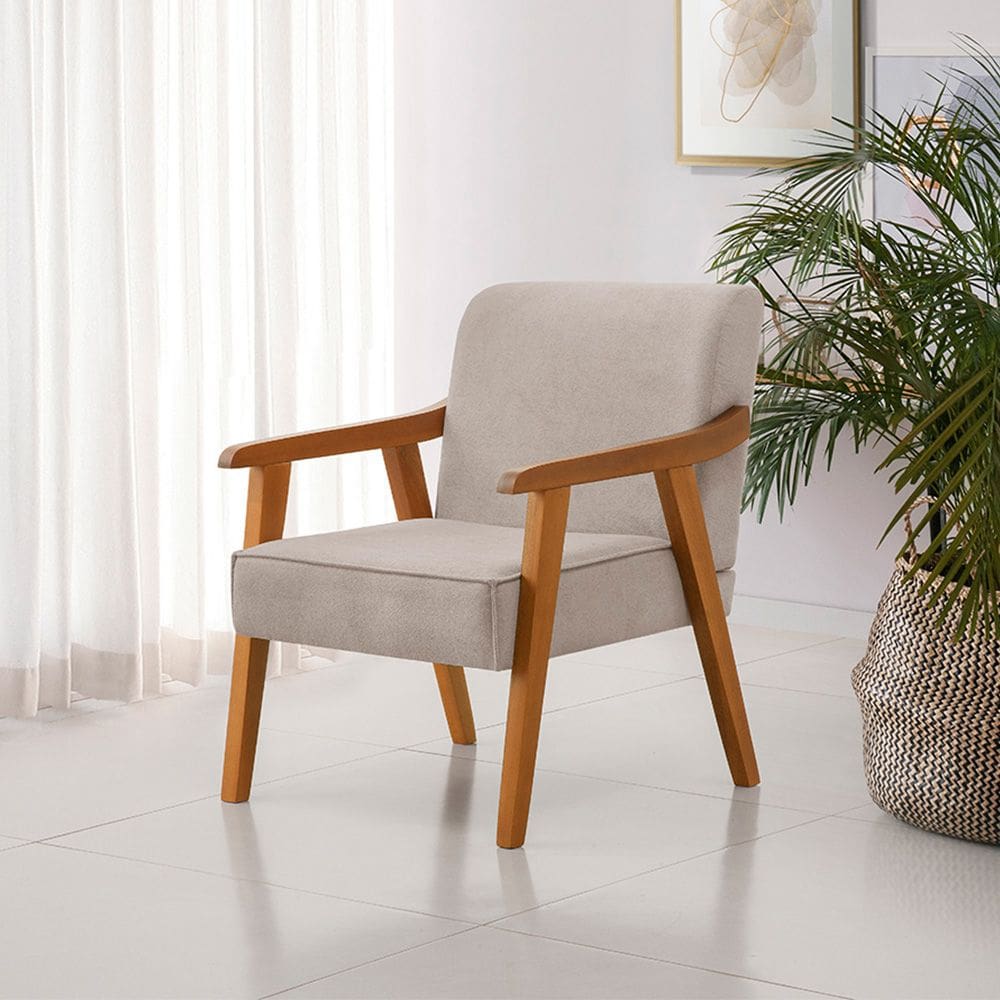 Poltrona Decorativa Paola Base em Madeira Veludo Bege