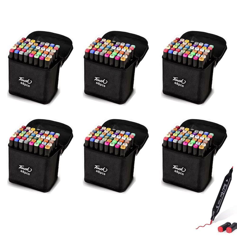 Estojo Caneta Permanente 48 Cores Canetinha Ponta Dupla Kit 6 unidades Marcador Pintura Escola Faculdade Curso Artes Cartaz