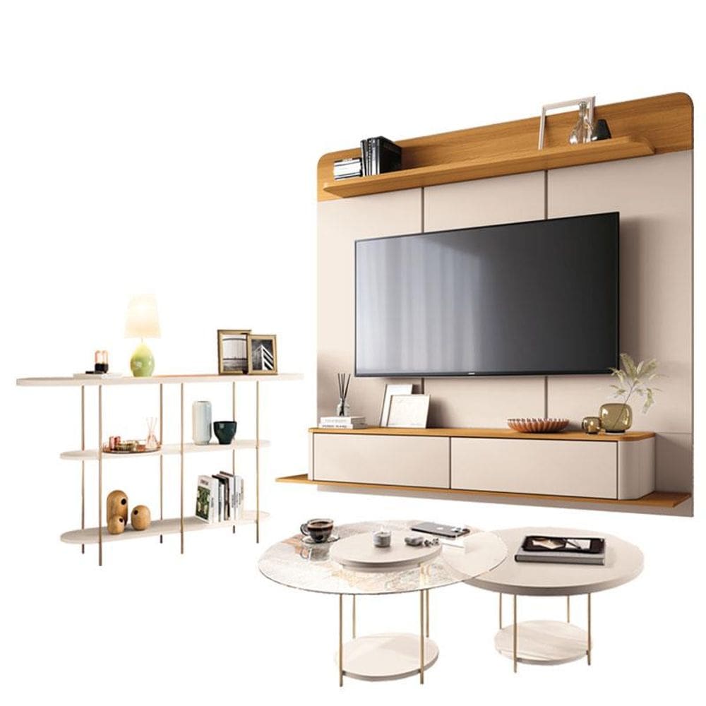Home Suspenso Galax Cinamomo Off White e Aparador Infinity e Kit Mesa de Centro Sky Off White- HB Móveis