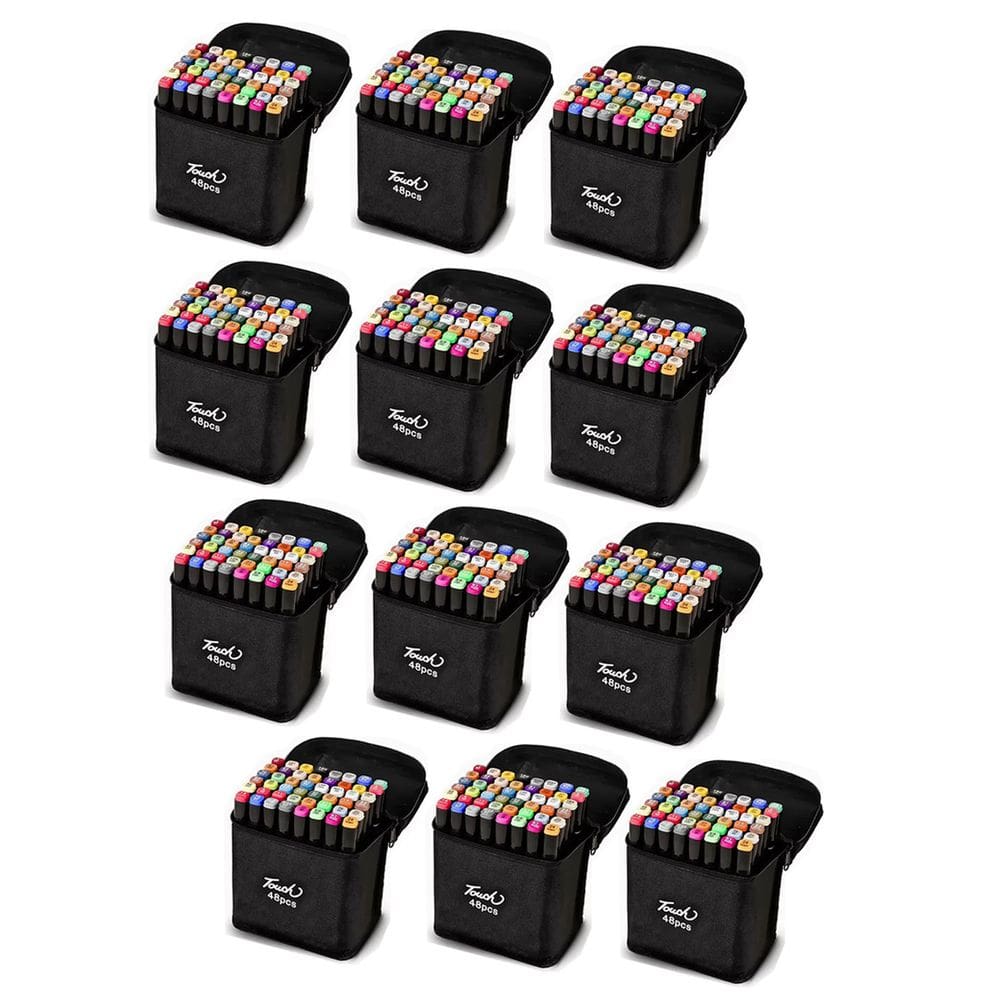 Caneta Canetinha Permanente 48 Cores Ponta Dupla Estojo Kit 12 unidades Marcador Bolsa com Alça Desenho Pintura Escola Faculdade Curso Artes