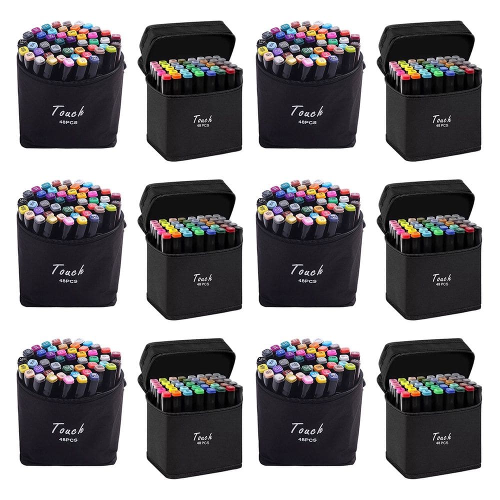 Caneta Permanente Estojo 48 Cores Canetinhas Kit 12 unidades Marcador Ponta Dupla Bolsa com Alça Desenho Pintura Arte