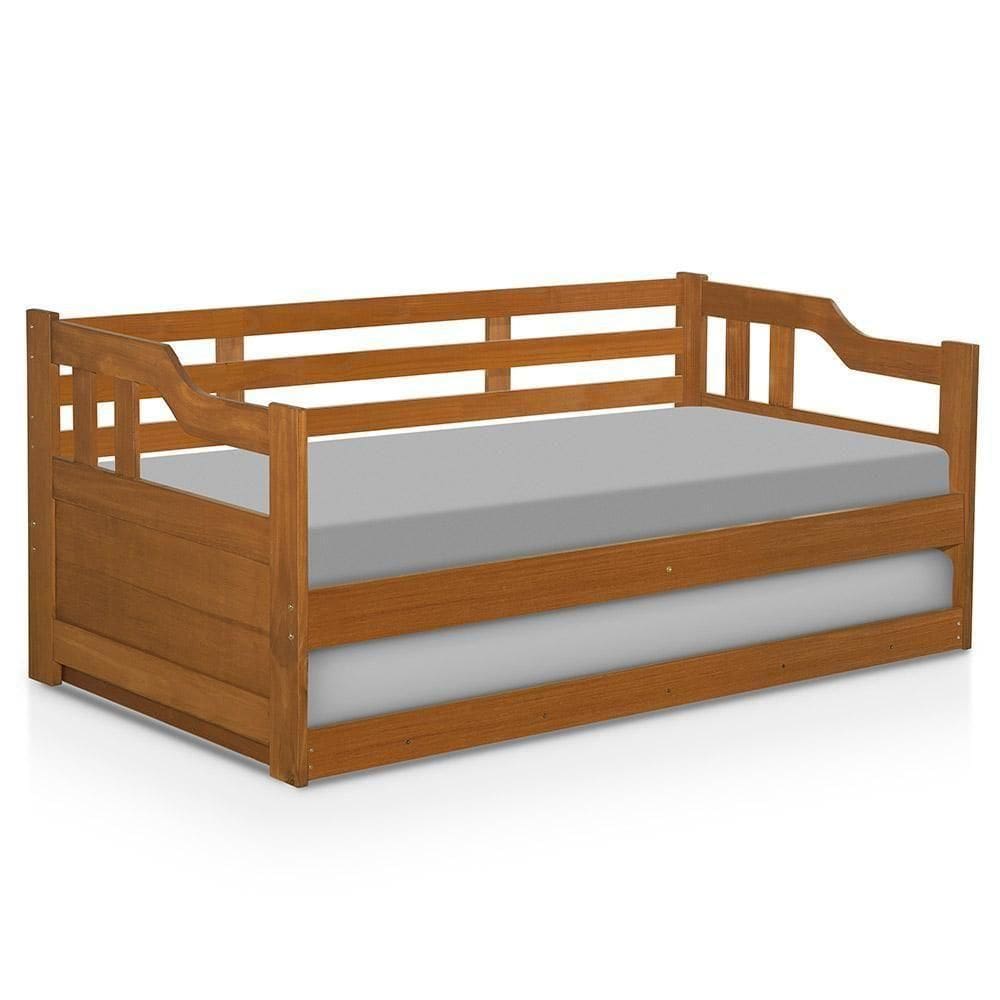 Sofá Cama Em Madeira Maciça Com Auxiliar Marrom