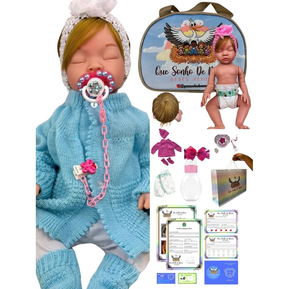 Bebê reborn boneca menina realista silicone olhos fechados loira + acessorios AZ