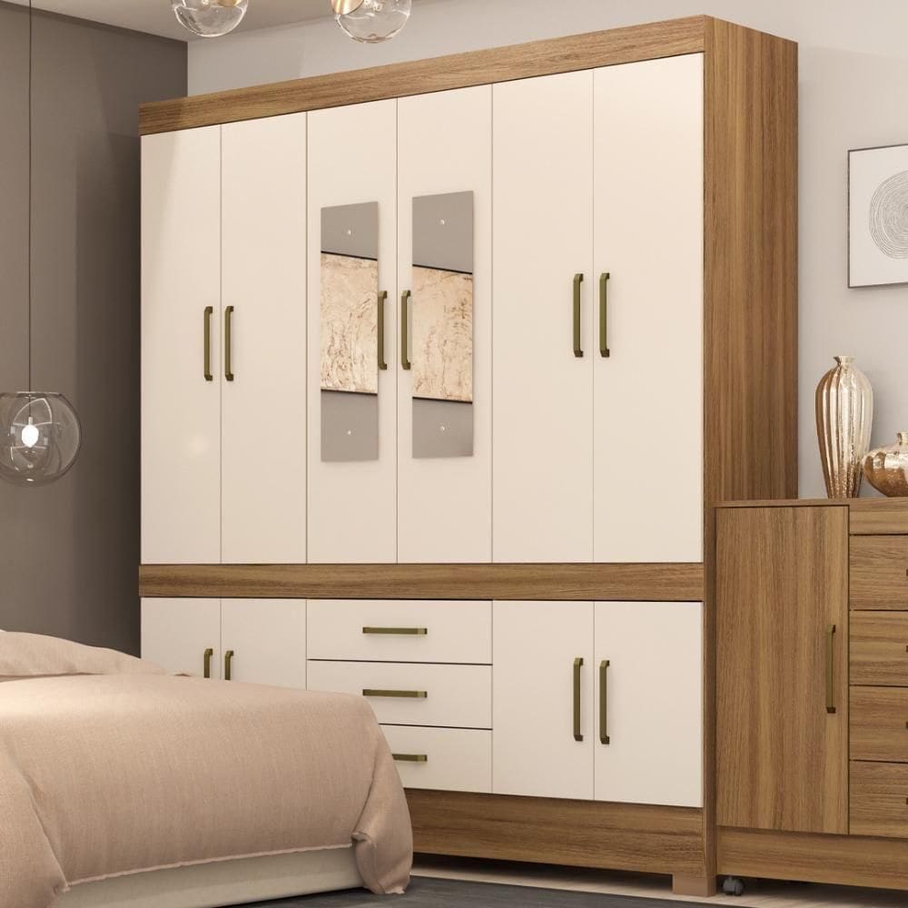 Guarda Roupa Casal 10 Portas Com Espelho E 3 Gavetas New Murano Amêndola Touch-off White