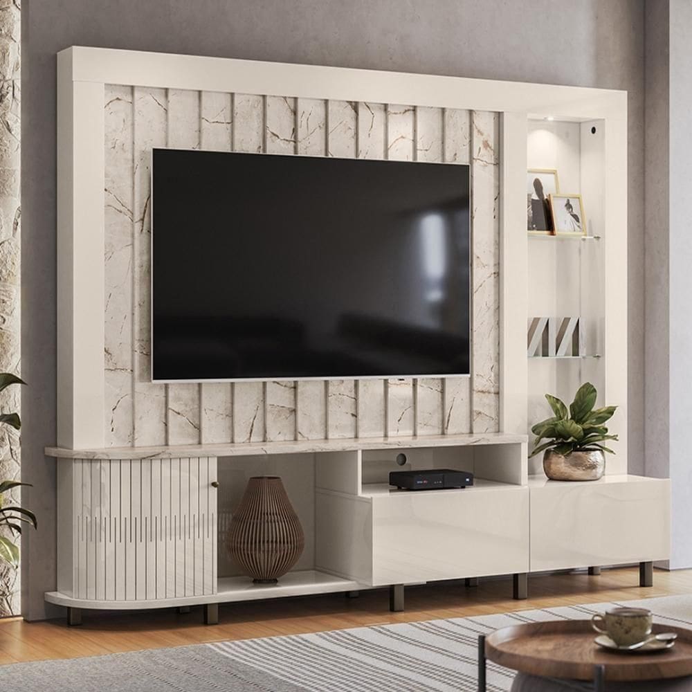 Estante Home Theater 1 Porta 2 Gavetas Com Led Le Mans - Calacata/off White