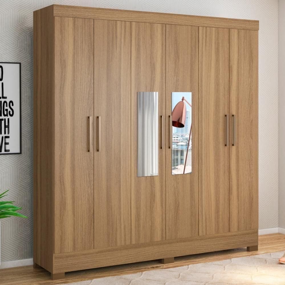 Guarda Roupa Casal 6 Portas Com Espelho E 3 Gavetas Prático Amêndola Touch