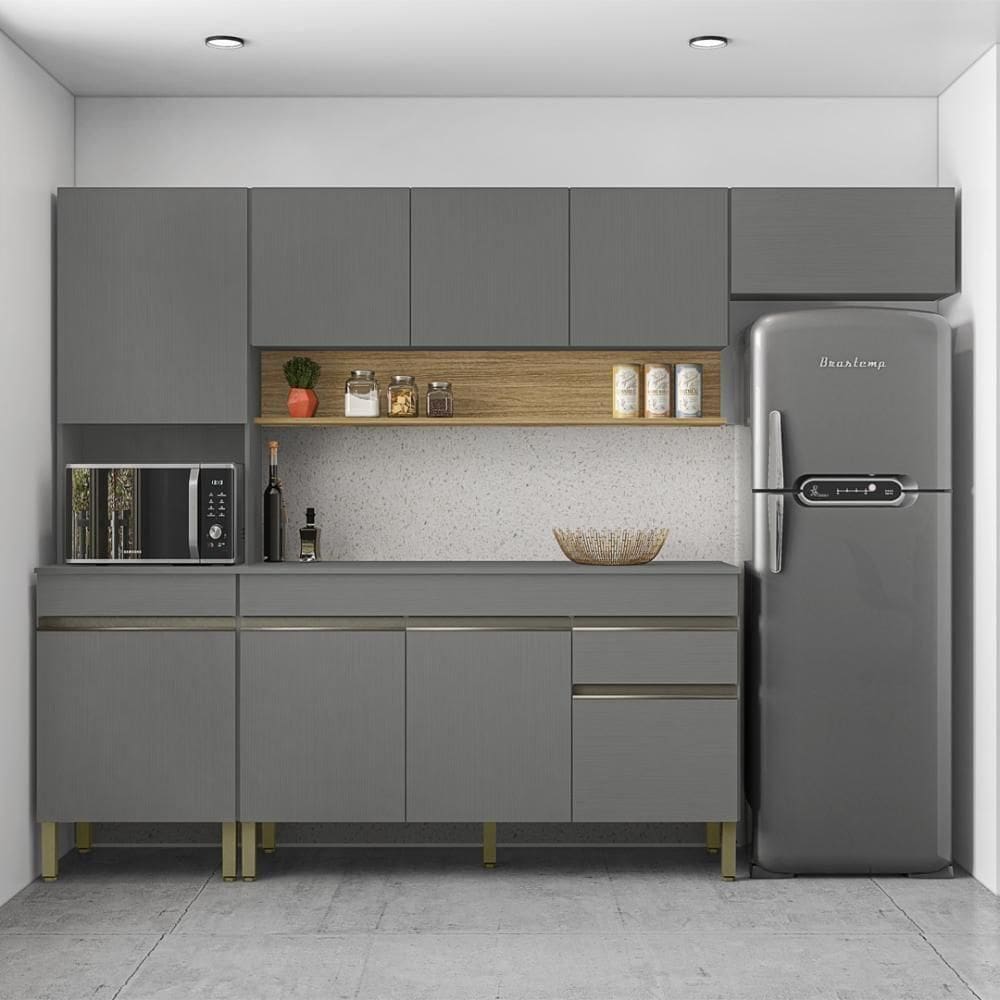 Armário De Cozinha Completa 150 Com Balcão Com Tampo 9 Portas Line Freijó-gris