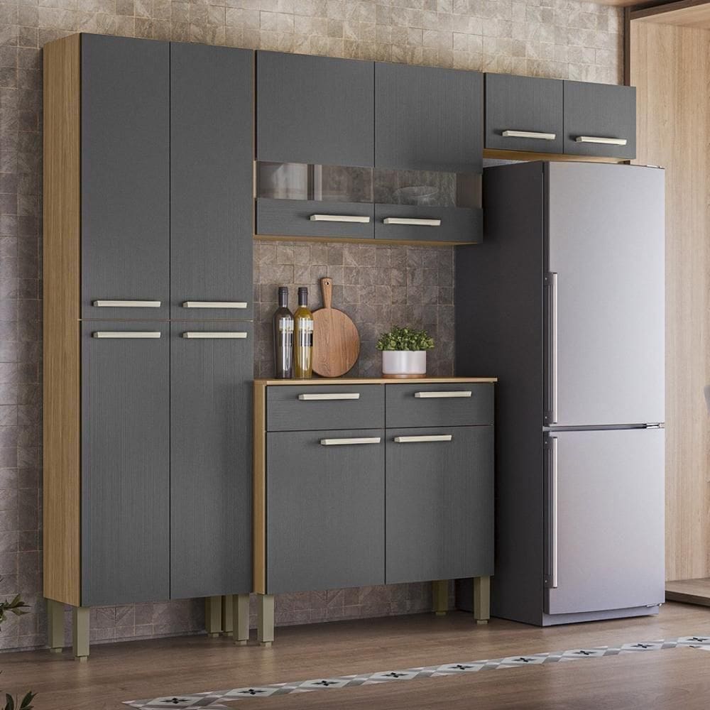 Armário De Cozinha Completa Mdf 10 Portas 2 Gavetas Nala Plus Freijó-gris