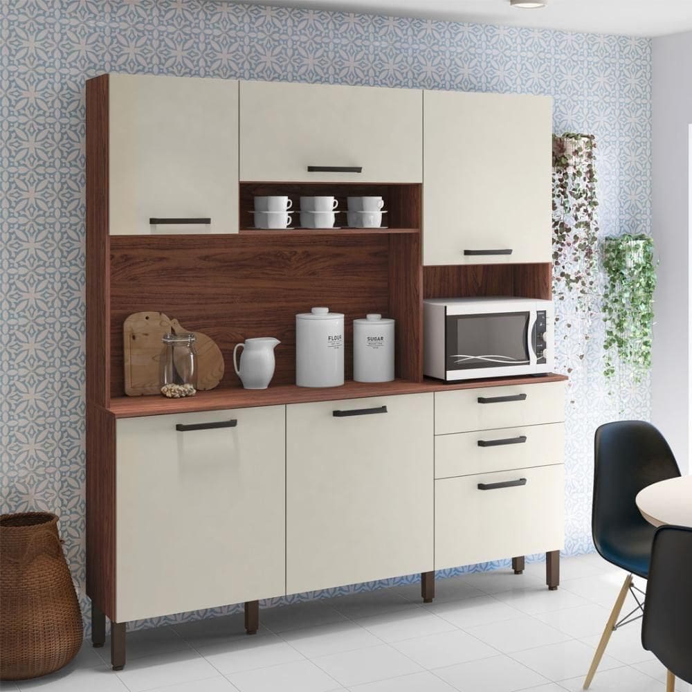 Armario De Cozinha Compacta 6 Portas 2 Gavetas Ferrara Nogueira-off White