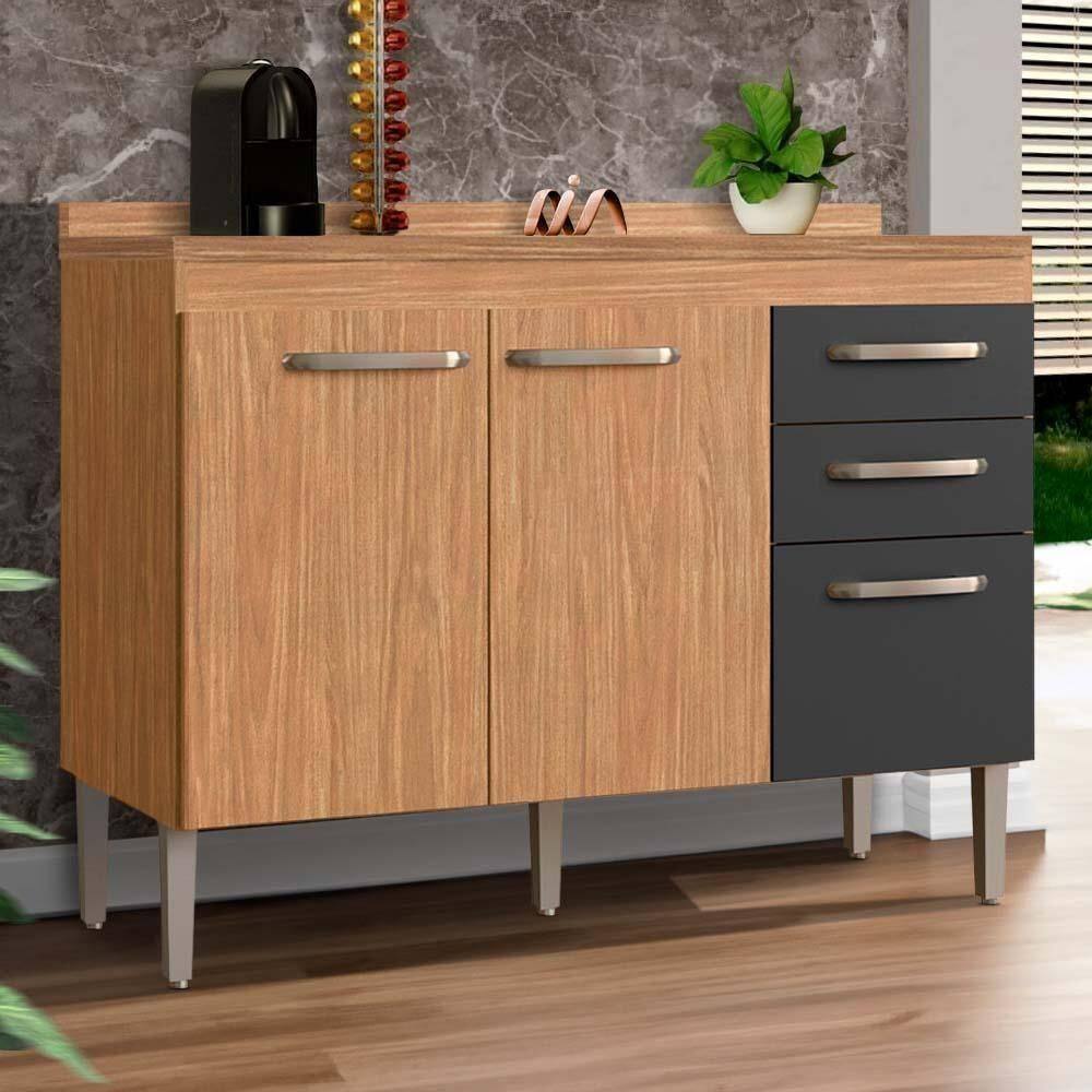 Balcão 3 Portas 2 Gavetas Com Tampo Mel Grafite Oliver