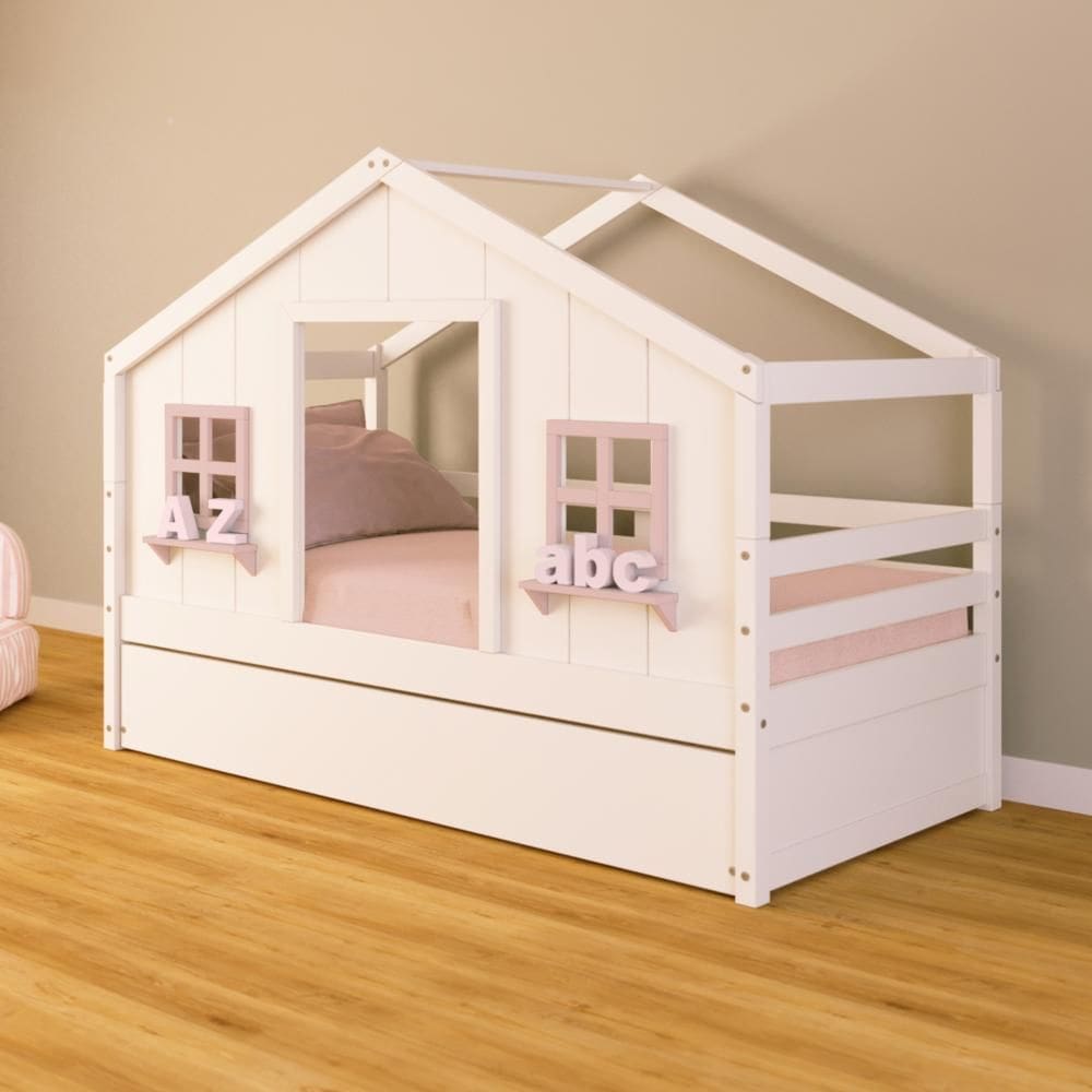 Bicama Casinha dos Sonhos Madeira Maciça Branco/ Rosa Housin