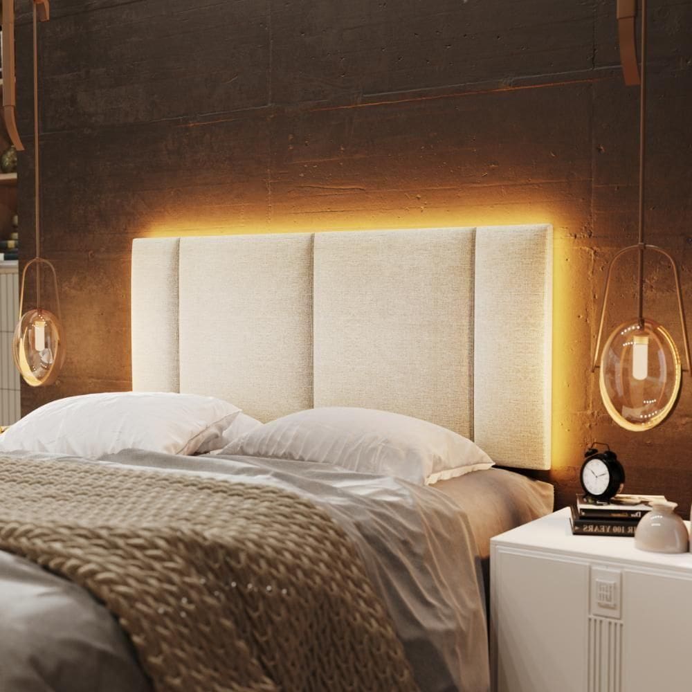 Cabeceira Casal Estofada Com Led Linho Bege