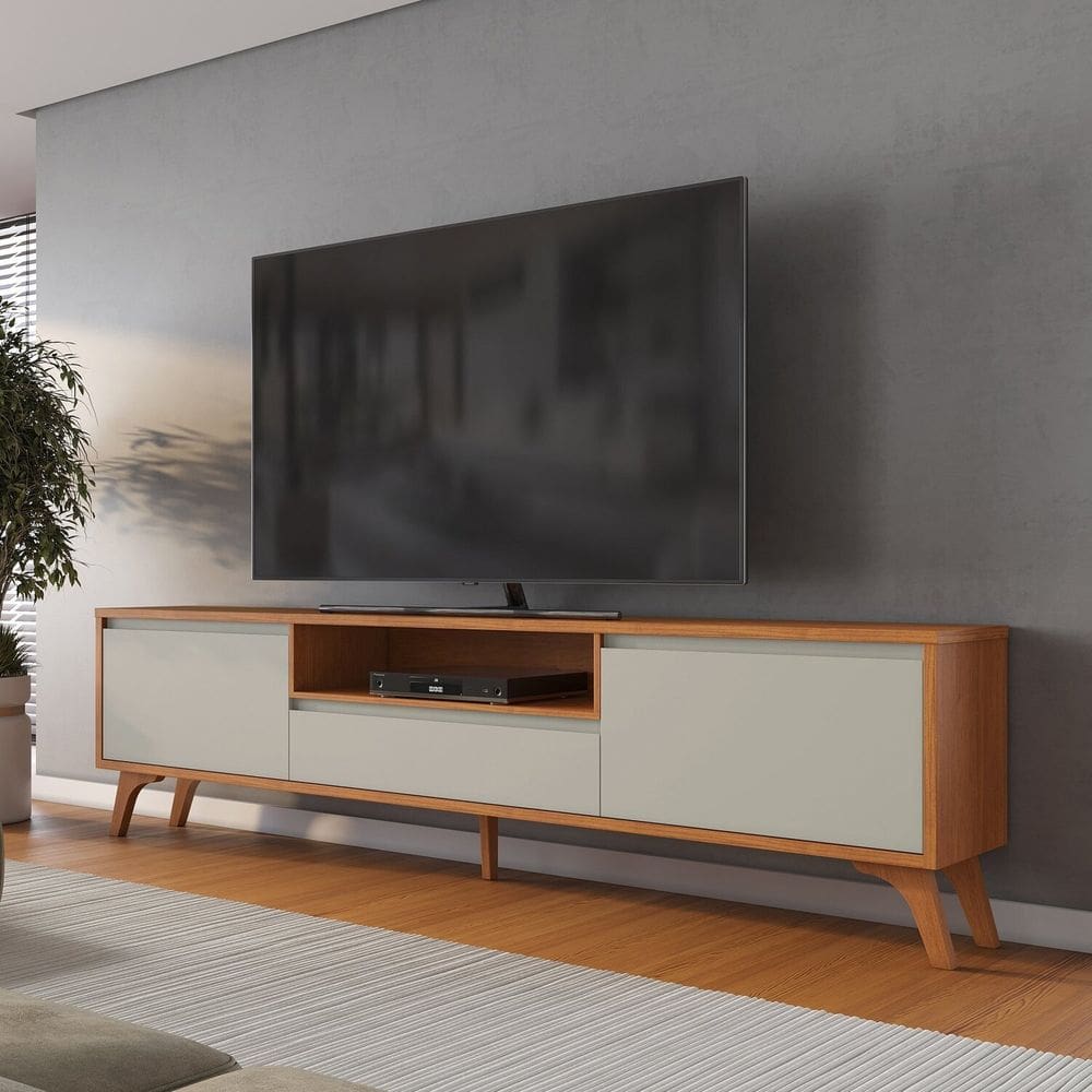 Rack para Tv até 75 Polegadas Pés Madeira Maciça com Regulagem 237cm Piazza New Naturalle/Off White