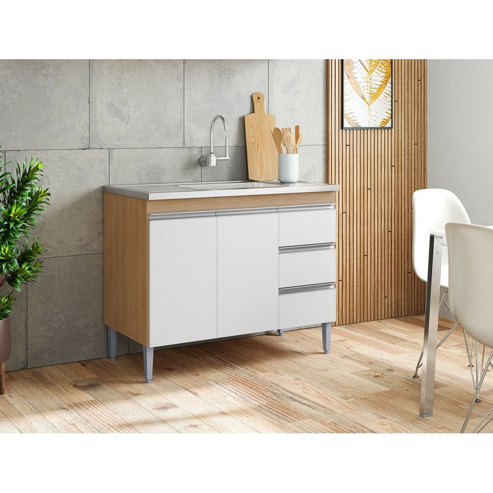 Balcão P/ Pia Gabinete Andréia 100cm Amêndoa/Branco 2 Portas 3 Gavetas