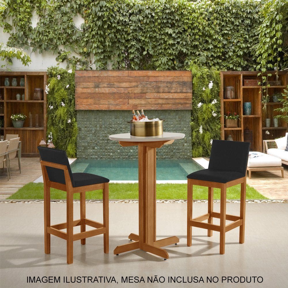Kit 2 Banquetas Alta Pérola com Encosto Estofada em Veludo Preto Madeira Maciça Castanho