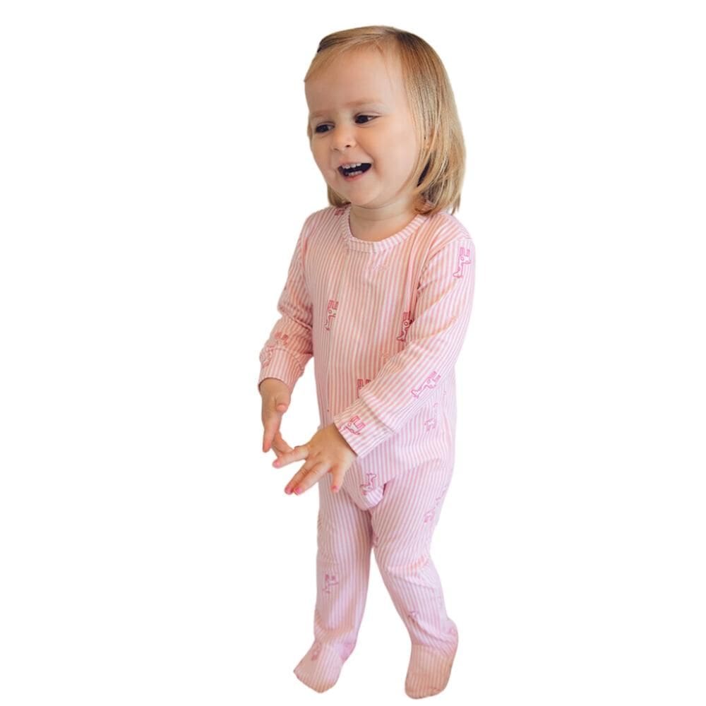 Macacão Magnético Listra Rosa com girafinhas - 12 meses