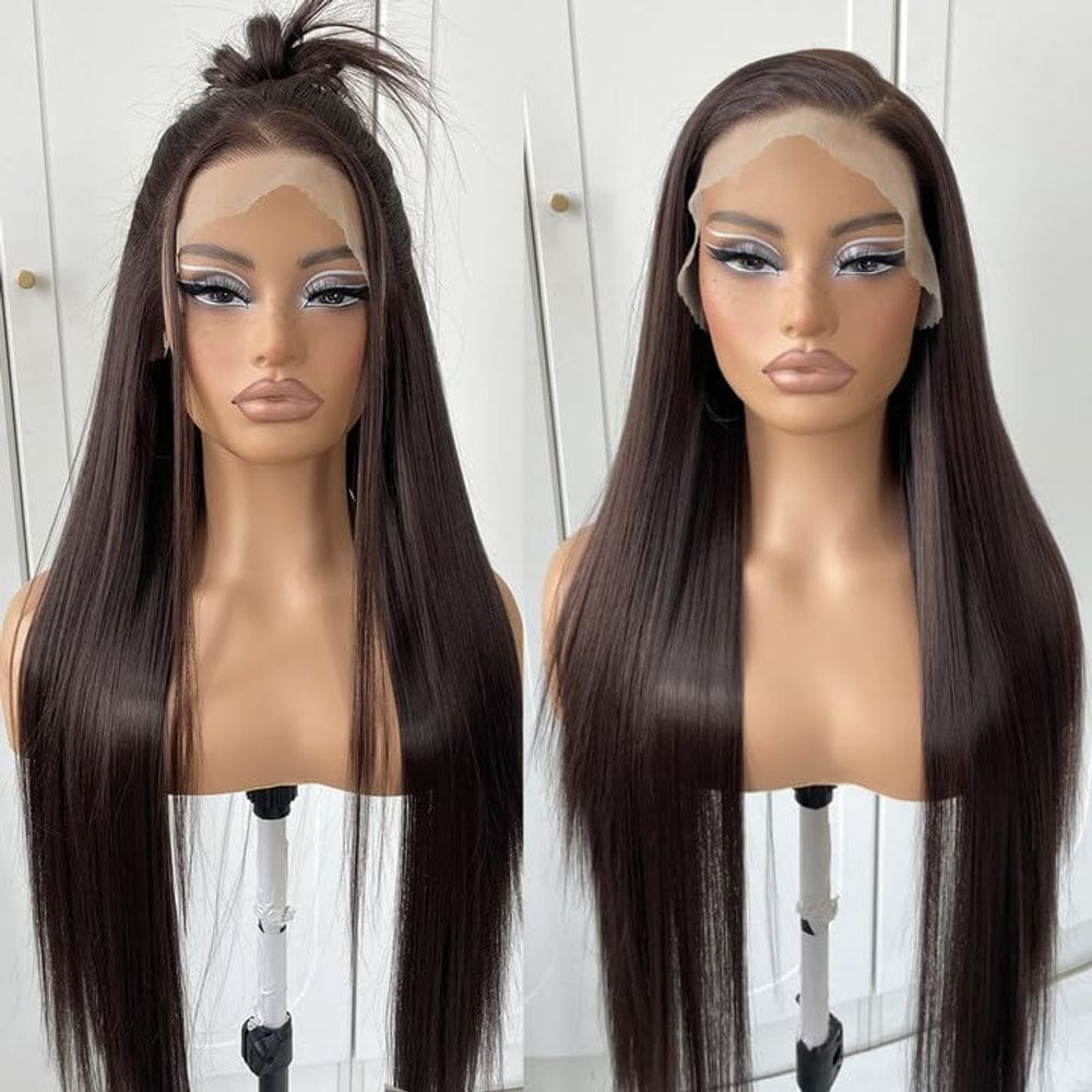 Peruca frontal de renda MITIMES Straight Straight Synthetic 32 polegadas marrom
