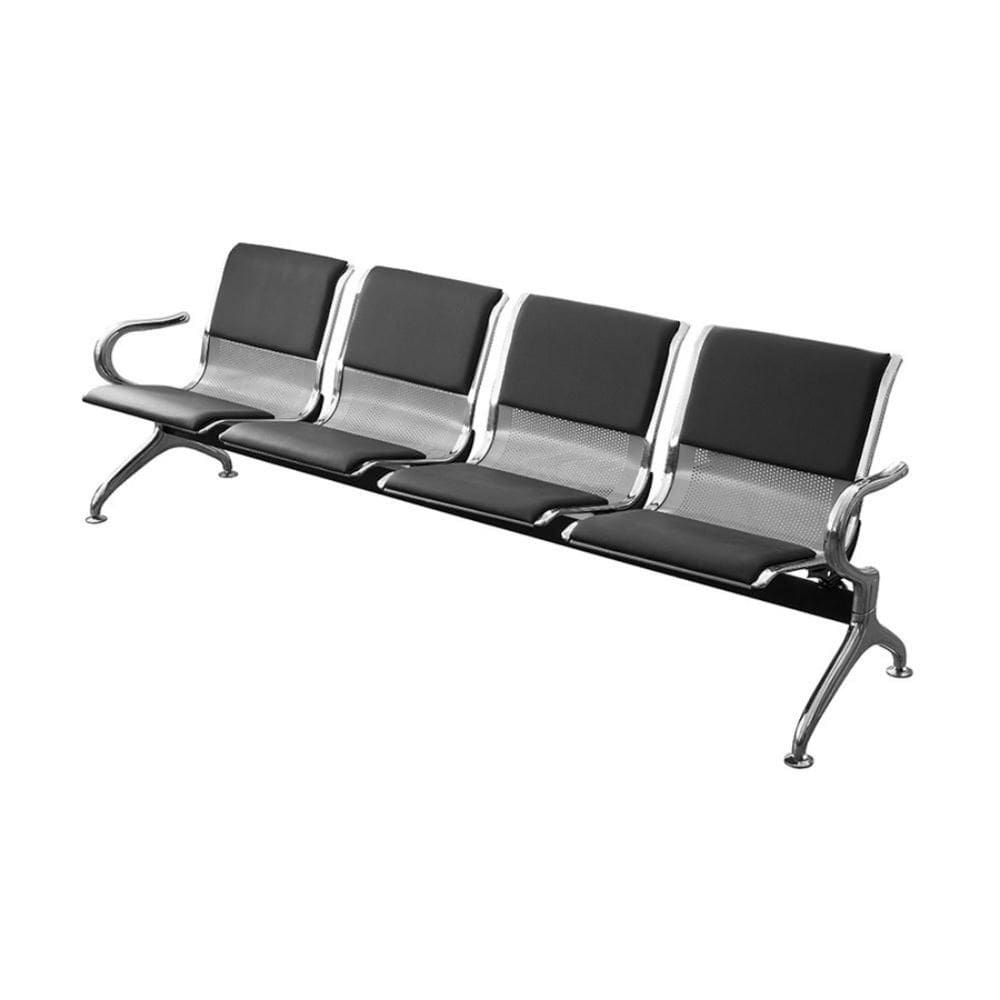 Longarina Estofada 4 Lugares Montreal OrDesign 215cm(larg) PU Preto Aço Cromado Pintura Cinza Braços