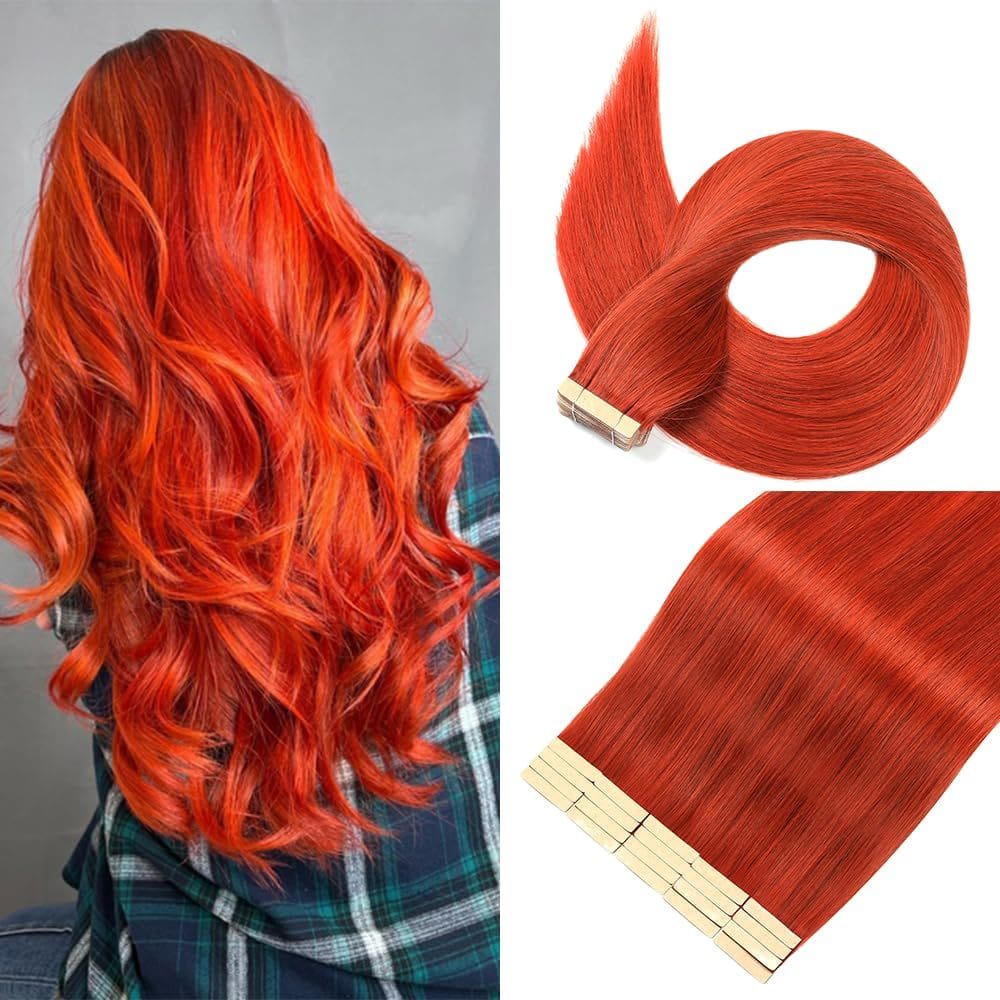 Fita adesiva em extensões de cabelo YNSNR Copper Red 45 cm 20 unidades Remy